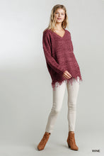 Load image into Gallery viewer, Wine Frayed Hem Sweater