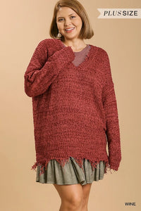 Wine Frayed Hem Sweater