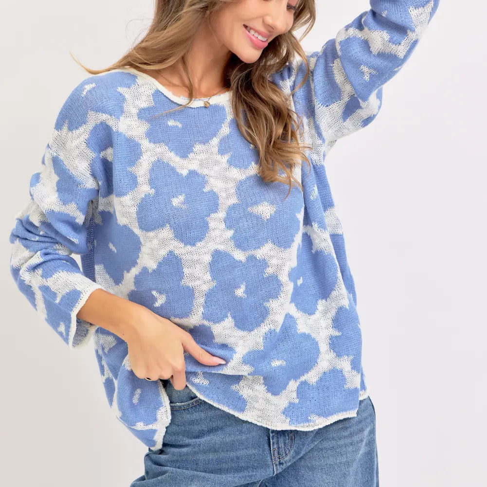 Blue Floral Knit Top