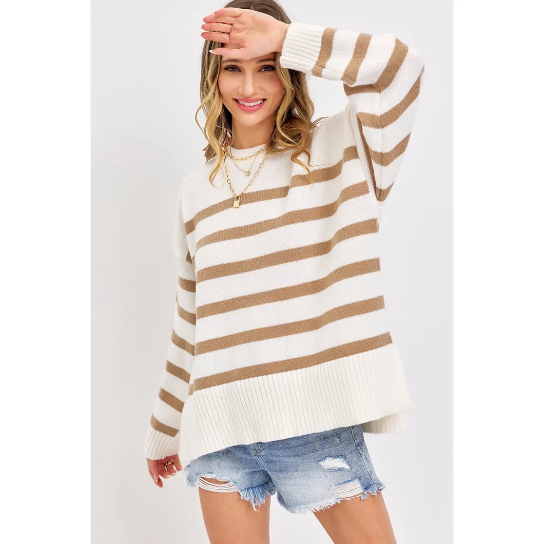 Taupe Striped Oversized Sweater