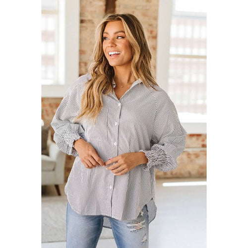 Black Striped Cinched Sleeve Top