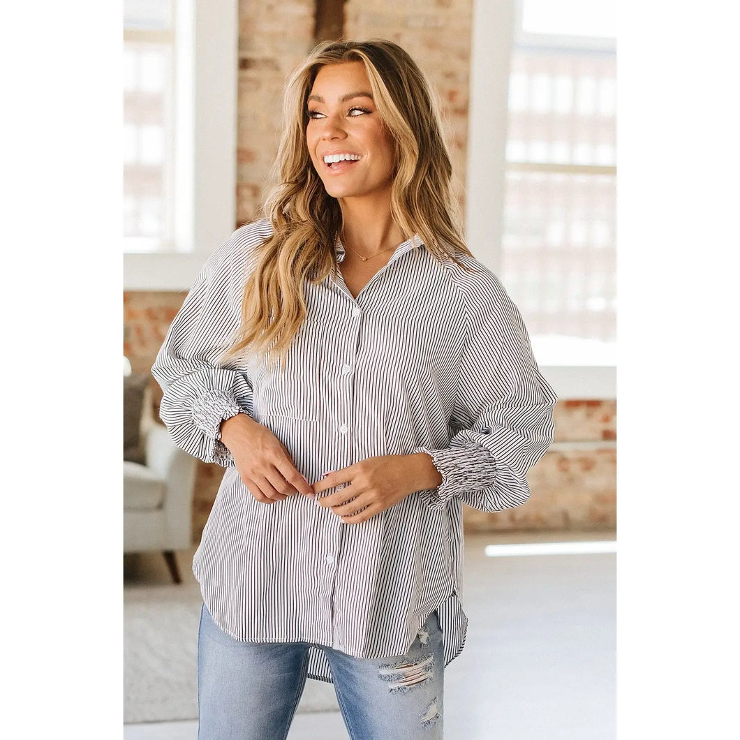 Black Striped Cinched Sleeve Top