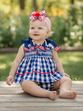 Load image into Gallery viewer, Navy Gingham Flag Tie Bloomer Set