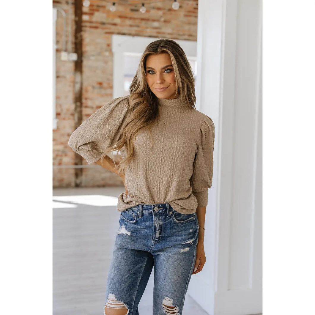Taupe Patterned Puff Sleeve Top
