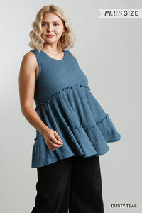 Dusty Teal Waffle Knit Sleeveless Tunic