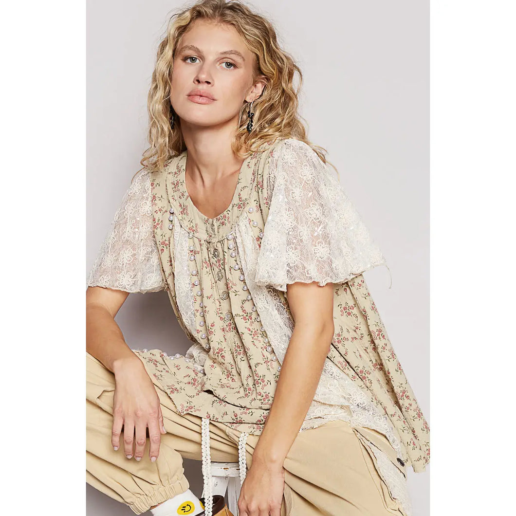 Olive Floral Gauze Detail Top