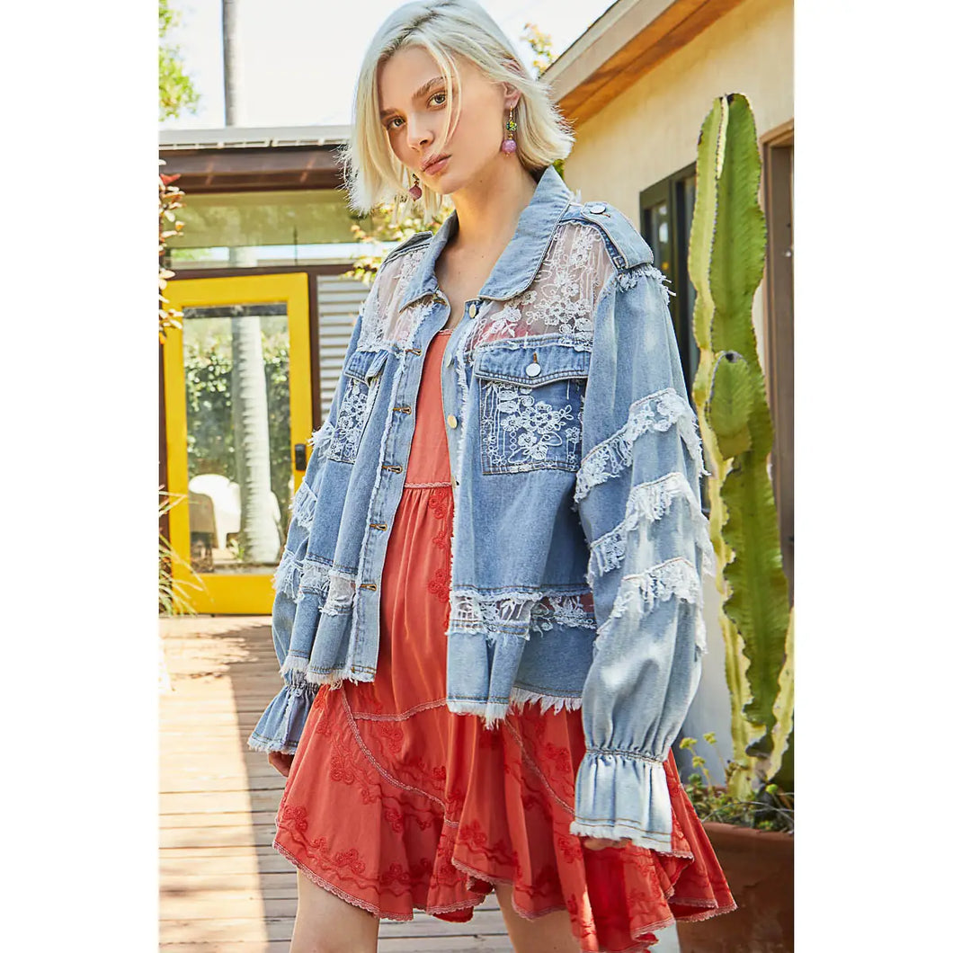 Lace Panel Denim Jacket