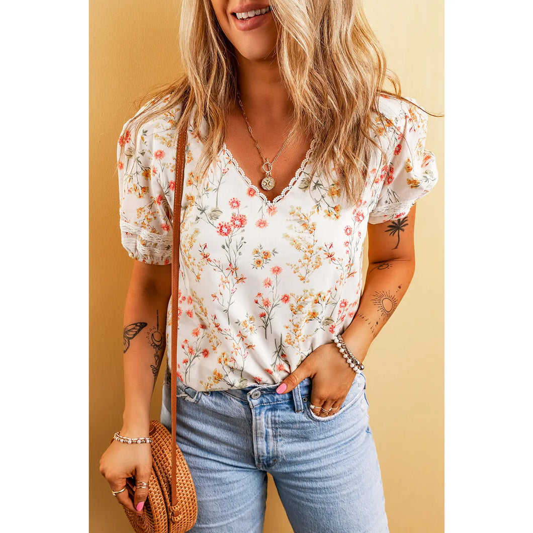Boho Floral Lace Trim Blouse