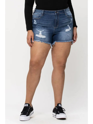 High Rise Frayed Hem Boyfriend Shorts PLUS