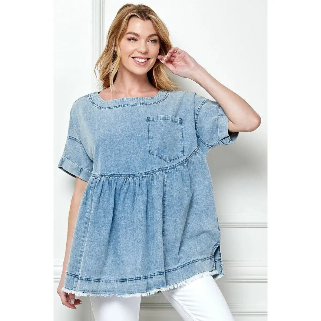 Pleated Denim Babydoll Top