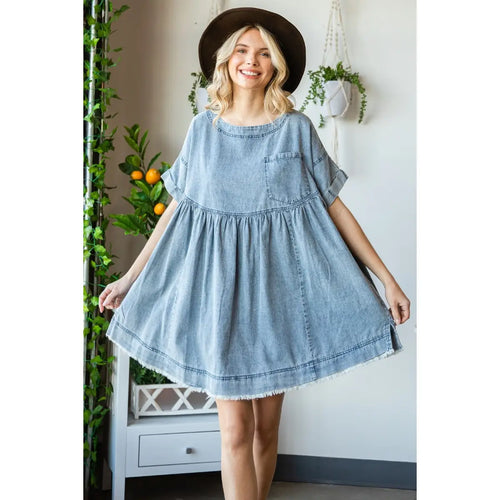 Pleated Denim Dress