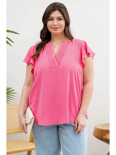 Fuchsia Pleated Split Neck Top