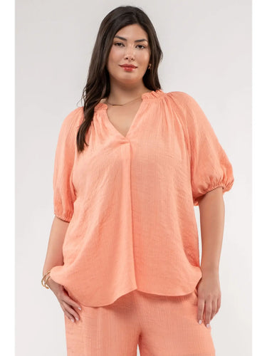 Dusty Peach V Neck Puff Sleeve Blouse