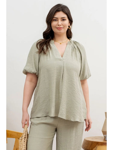 Light Olive V Neck Puff Sleeve Blouse