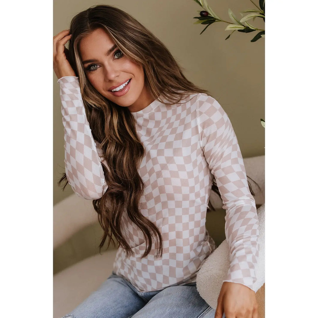 Khaki Checkered Mesh Top