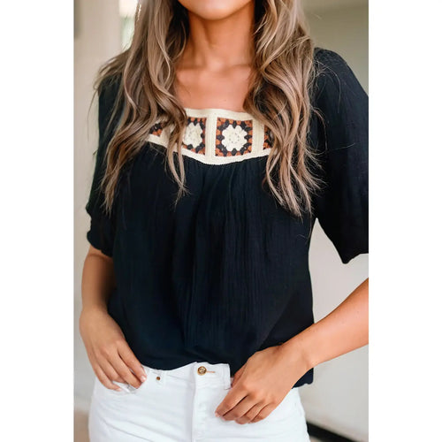 Black Crochet Neck Blouse