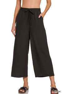Black Woven Crepe Drawstring Pants