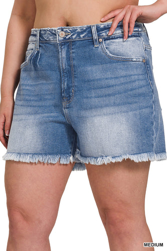 Mid Rise Raw Hem Shorts