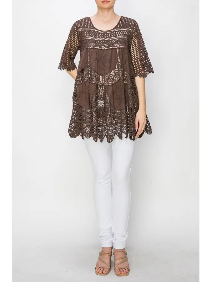 Brown Crochet Tunic Top