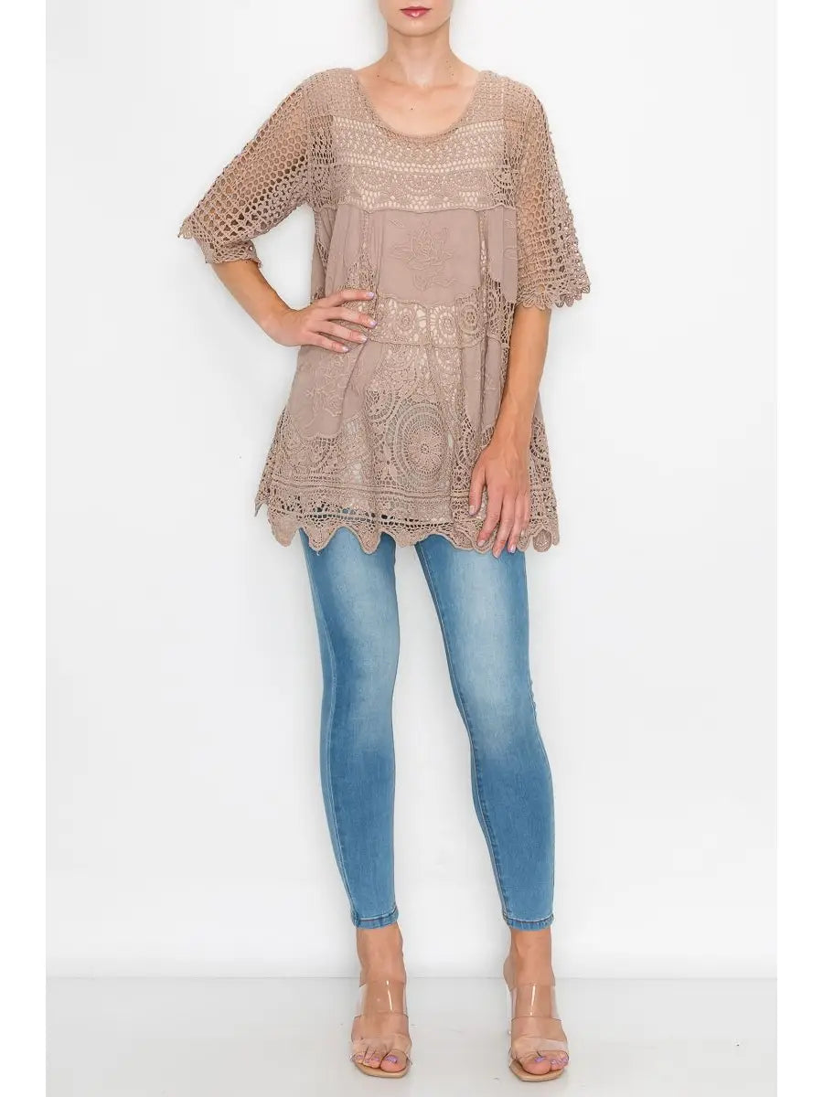 Taupe Crochet Tunic Top