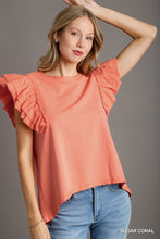 Load image into Gallery viewer, Coral French Terry Ruffle Sleeve Top