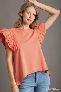 Coral French Terry Ruffle Sleeve Top