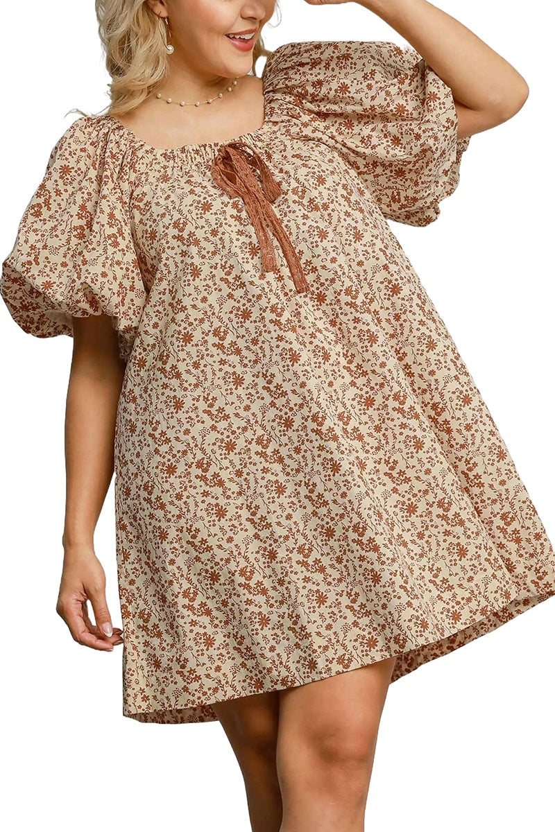 Brown Floral Puff Sleeve Dress