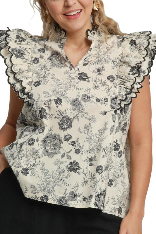 Black Floral Scalloped Sleeve Top