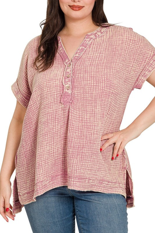 Rose Washed Gauze Henley Top