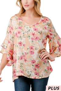 Taupe Floral Ruffle Sleeve Top