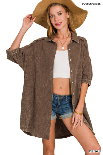 Brown Gauze Button Down Shirt Dress