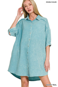 Dusty Teal Gauze Button Down Dress
