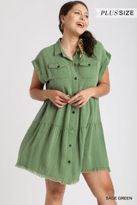 Green Washed Button Ruffle Dress