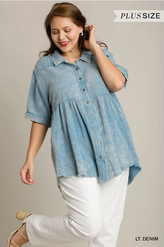 Light Denim Mineral Washed Button Down Tunic