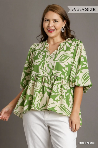 Green Front Tie Floral Blouse