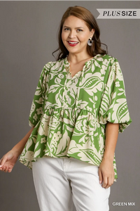 Green Front Tie Floral Blouse