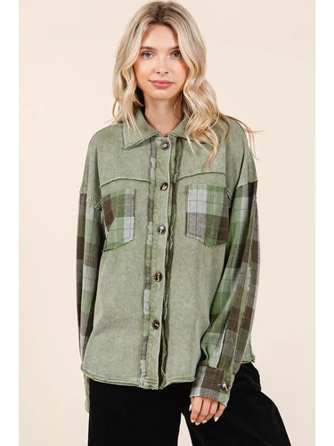 Olive Mineral Washed Patchwork Shacket