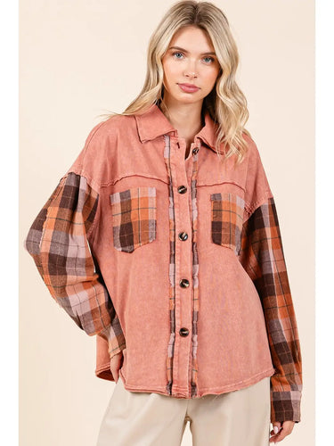 Terracotta Mineral Washed Patchwork Shacket