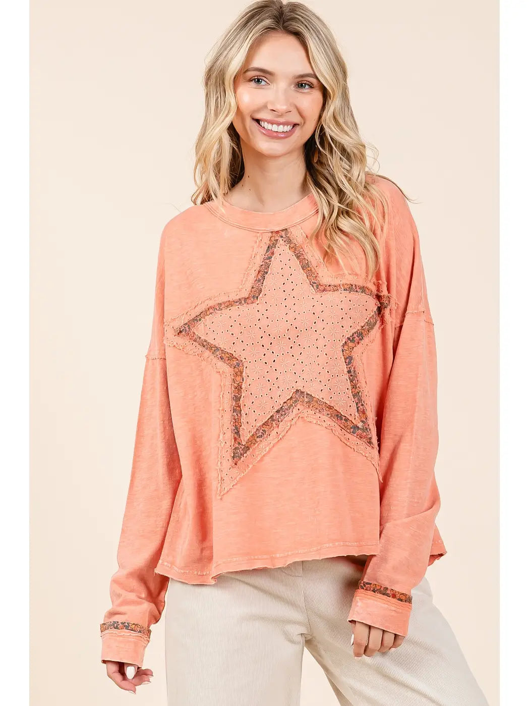 Coral Mineral Wash Star Patch Top