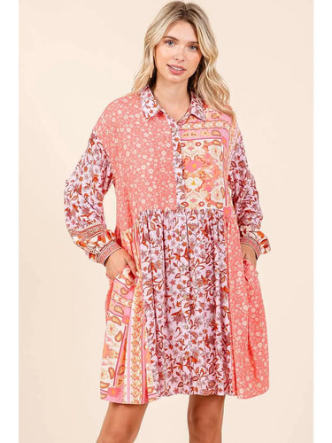 Coral Patchwork Babydoll Dress