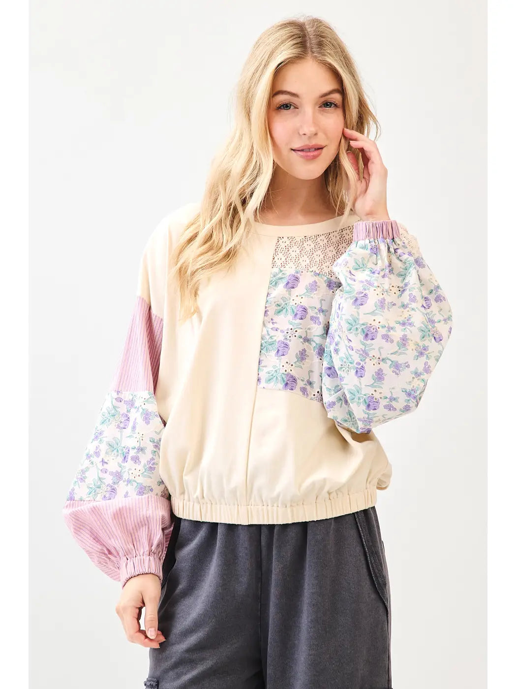 Lavender Patchwork Balloon Sleeve Top