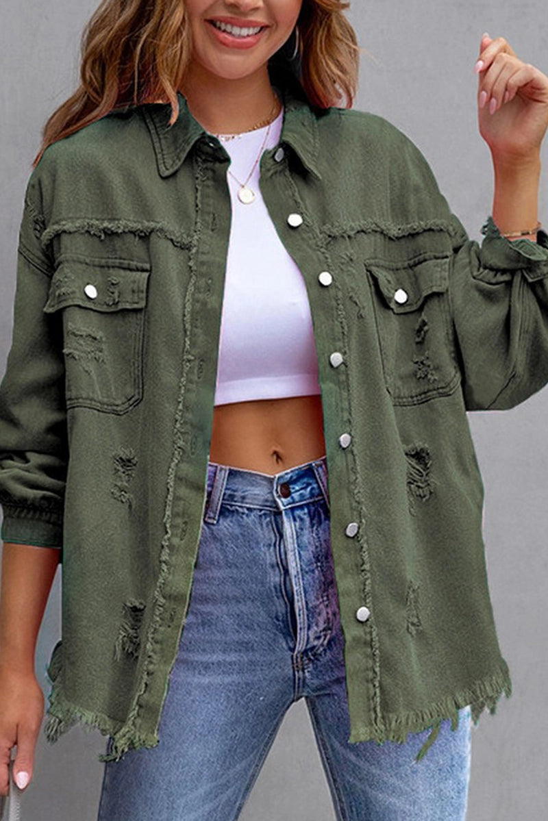 Army Green Raw Edge Denim Jacket