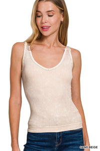 Sand Beige Stone Washed Padded Tank Top