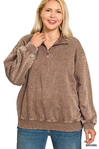 Brown Acid Wash Half Zip Pullover