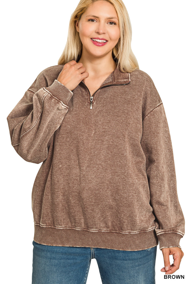 Brown Acid Wash Half Zip Pullover