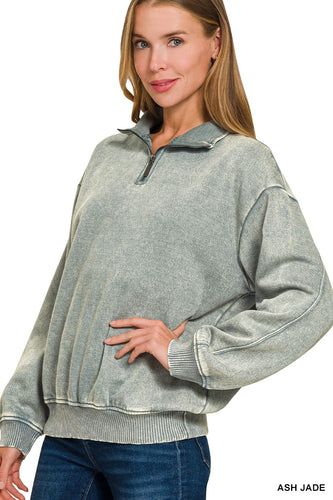 Ash Jade Acid Wash Half Zip Pullover