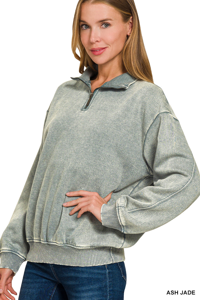 Ash Jade Acid Wash Half Zip Pullover