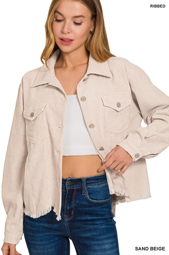 Beige Corduroy Frayed Hem Cropped Jacket