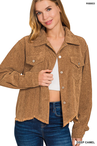 Camel Corduroy Frayed Hem Cropped Jacket