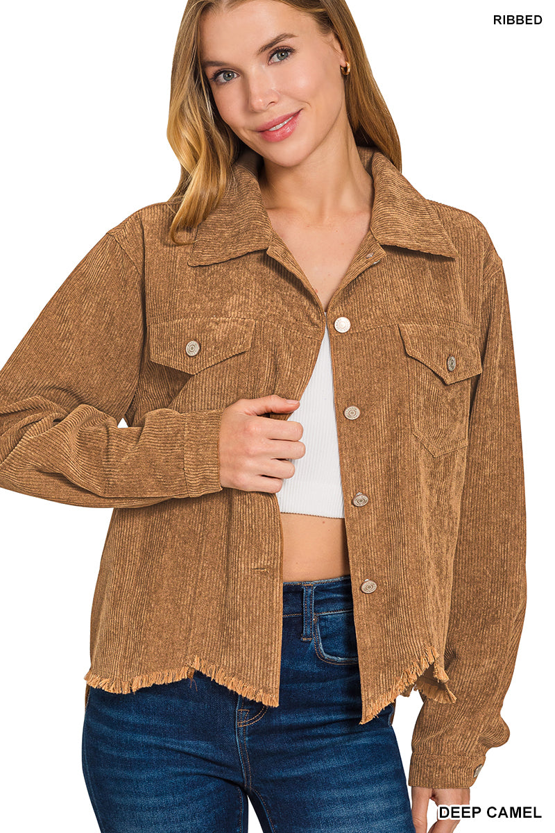 Camel Corduroy Frayed Hem Cropped Jacket